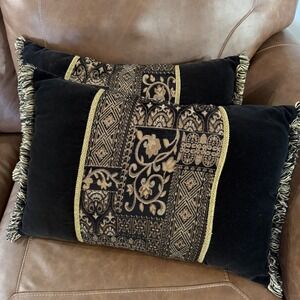 Decorative Black Velvet Lumbar Pillow Gold Tapestry Trim Fringe Accent Throw Art